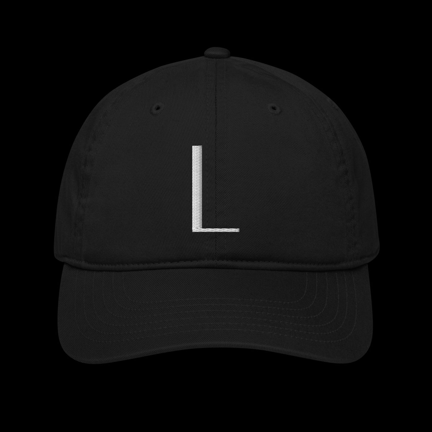 organic baseball hat personalised with embroidery of the chosen first letter as a special gift idea