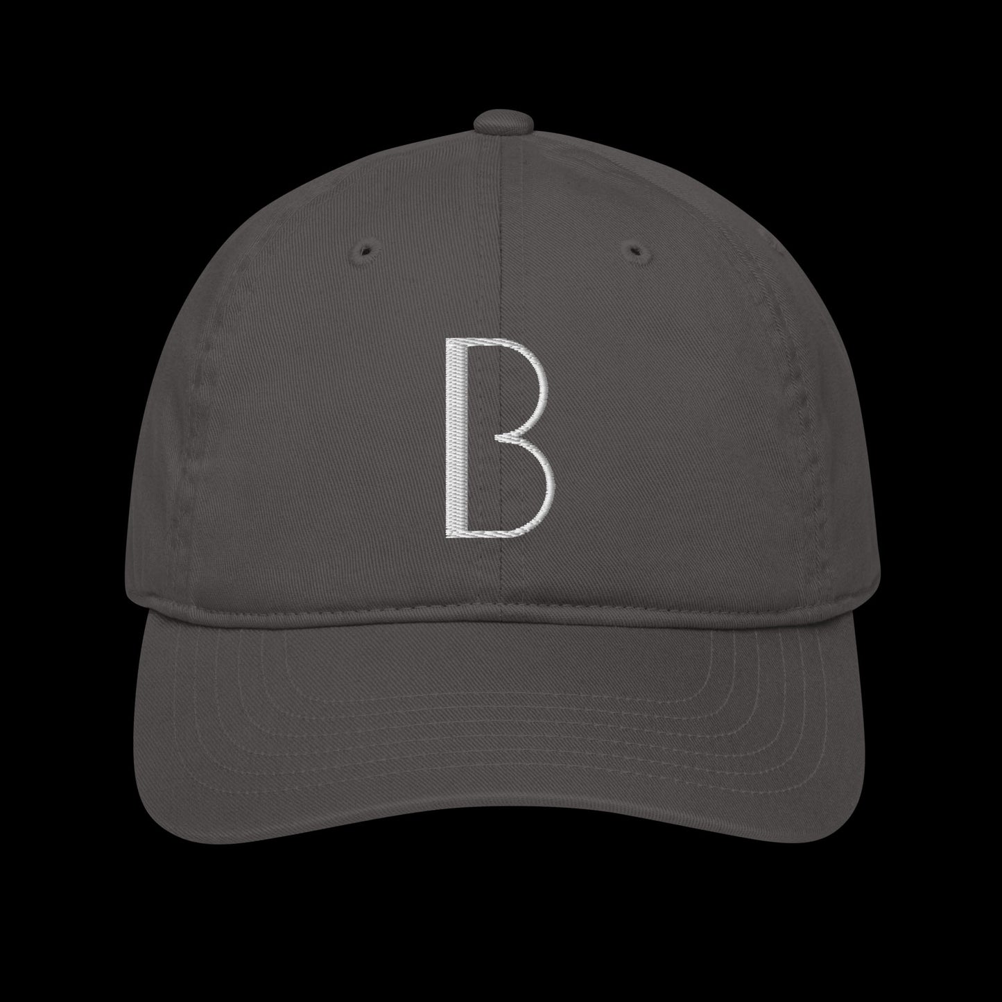 organic baseball hat personalised with embroidery of the chosen first letter as a special gift idea