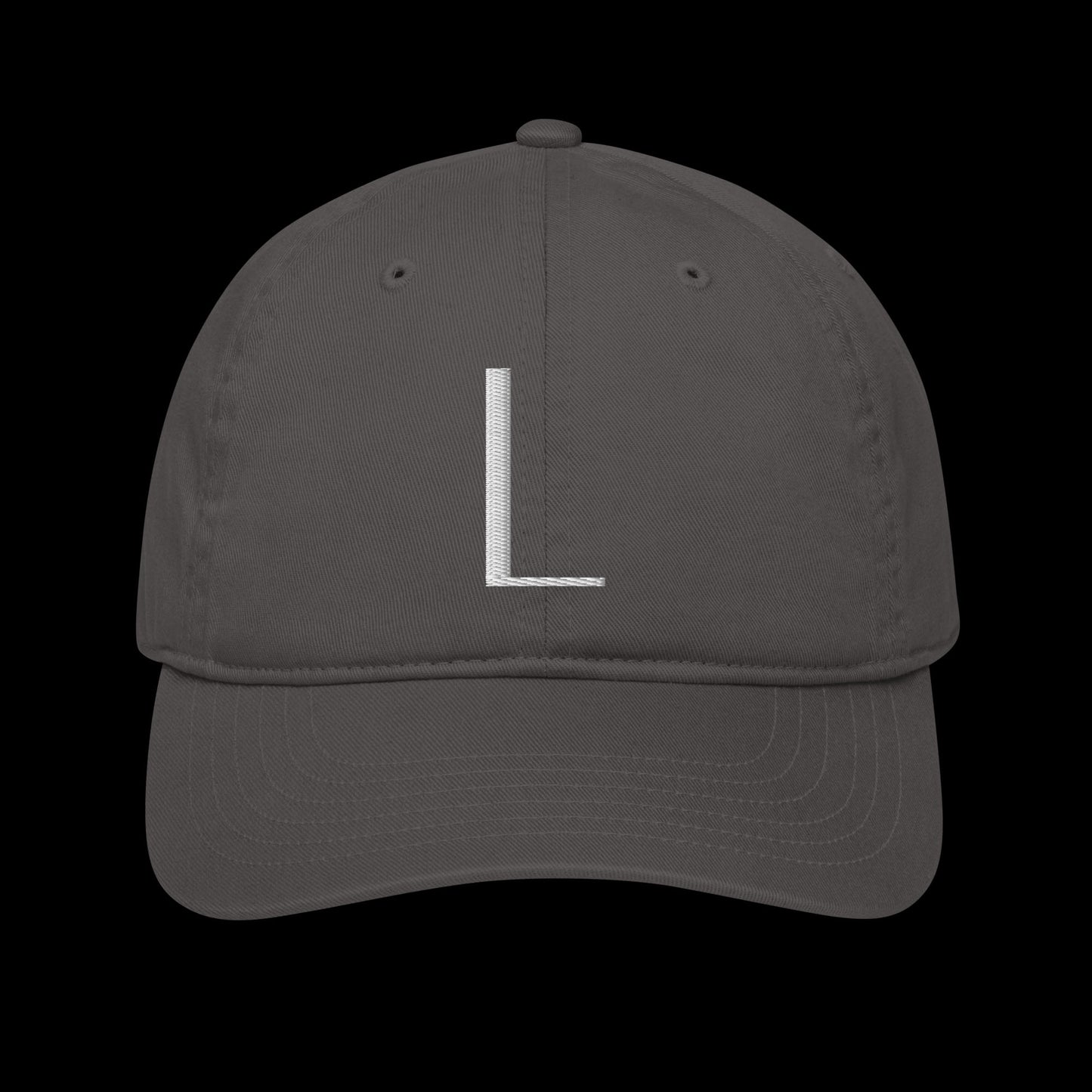 organic baseball hat personalised with embroidery of the chosen first letter as a special gift idea