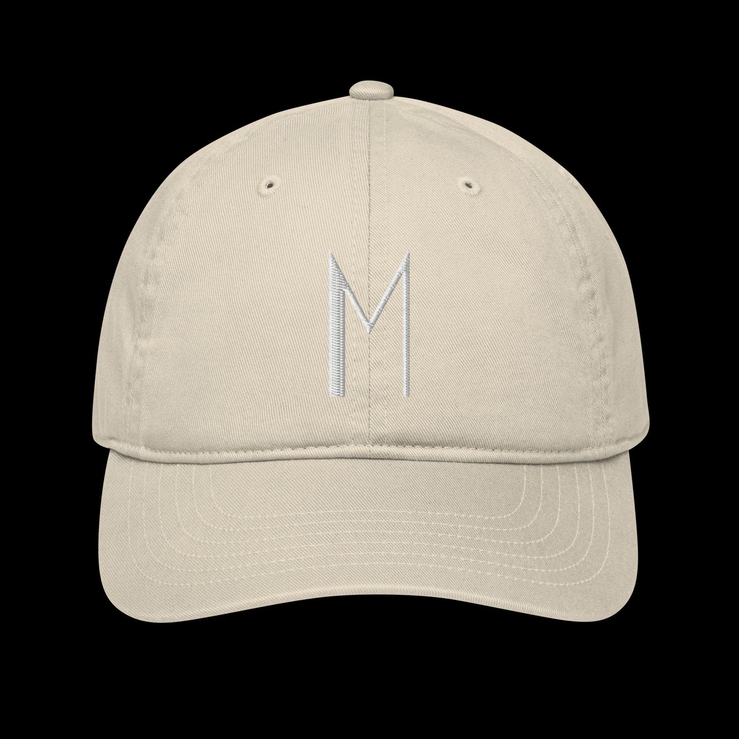 organic baseball hat personalised with embroidery of the chosen first letter as a special gift idea