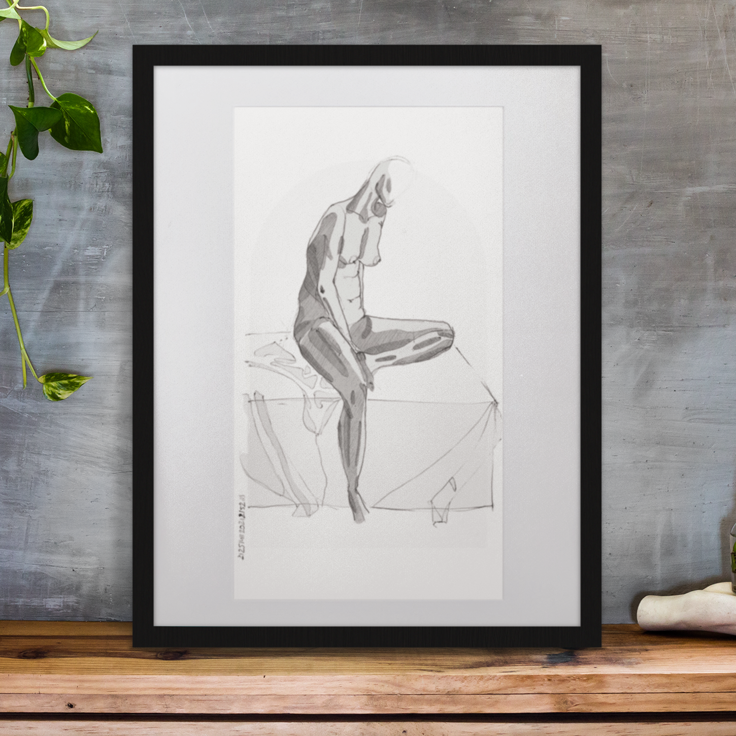 sitting lady '01 - matte paper black framed poster with mat